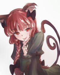 Rule 34 | 1girl, absurdres, animal ears, black bow, bow, braid, cat ears, cat tail, commentary request, dress, green dress, grey background, hair bow, highres, juliet sleeves, kaenbyou rin, long hair, long sleeves, multiple tails, pakkii (vkdd5524), puffy sleeves, red eyes, red hair, side braids, simple background, solo, tail, touhou, twin braids, two tails