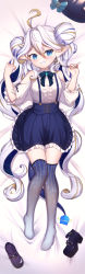 Rule 34 | 1girl, ahoge, bare shoulders, bed sheet, black bow, blue eyes, blue footwear, blue hair, blue hat, blue nails, blue sky, blue thighhighs, bow, brooch, brown hair, center frills, clenched teeth, clothing cutout, commentary request, copyright request, dakimakura (medium), double bun, frilled skirt, frills, full body, gradient legwear, grey thighhighs, hair between eyes, hair bun, hair intakes, hands up, hat, highres, jewelry, long hair, lying, multicolored hair, nail polish, on back, platform footwear, platform heels, pointy ears, puffy short sleeves, puffy sleeves, shirt, shoes, short eyebrows, short sleeves, shoulder cutout, skirt, sky, solo, streaked hair, striped bow, striped clothes, striped thighhighs, suspender skirt, suspenders, teeth, thick eyebrows, thighhighs, uneg, unworn hat, unworn headwear, unworn shoes, vertical-striped clothes, vertical-striped thighhighs, very long hair, white hair, white shirt