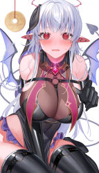 Rule 34 | 1girl, @ @, absurdres, amahara subaru, bare shoulders, black footwear, black gloves, blue skirt, blush, boots, breasts, covered navel, demon girl, demon tail, ear piercing, elbow gloves, gloves, grey hair, halo, highres, hypnosis, large breasts, long hair, looking at viewer, microskirt, mind control, original, parted lips, pelvic curtain, piercing, pointy ears, red eyes, simple background, skirt, solo, tail, tail ornament, tail piercing, thigh boots, thighs, white background, wings