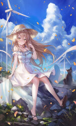 Rule 34 | 1girl, absurdres, bare shoulders, black cat, black footwear, breasts, cat, cleavage, cloud, commentary, dated commentary, dress, floating hair, flower, hand up, hat, hat flower, highres, light brown hair, long hair, looking at viewer, medium breasts, original, parted lips, rock, sitting, skirt hold, solo, straw hat, white dress, wind turbine, windmill, yahiro (heartseek000), yellow eyes