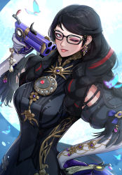 Rule 34 | 1girl, absurdres, bayonetta, bayonetta (series), bayonetta 3, black hair, braid, breasts, bug, butterfly, clothing cutout, earrings, eyeshadow, glasses, gloves, gonzarez, gun, highres, insect, jewelry, large breasts, lipstick, long hair, looking at viewer, makeup, mole, mole under mouth, multicolored hair, one eye closed, red hair, ribbon, simple background, smile, solo, streaked hair, tongue, twin braids, weapon