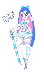 Rule 34 | 1girl, arthropod girl, cosplay, crossover, detached sleeves, dress, extra arms, extra eyes, fangs, high heels, highres, insect girl, legs, long hair, muffet, multicolored hair, panty &amp; stocking with garterbelt, ribbon, spider girl, stocking (psg), stocking (psg) (cosplay), striped clothes, striped thighhighs, thighhighs, undertale, weapon