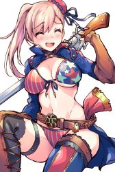 Rule 34 | 1girl, ^ ^, absurdres, american flag bikini, belt, bikini, blush, breasts, bun cover, closed eyes, commentary request, cowboy shot, crop top, fate/grand order, fate (series), flag print, gunblade, hair between eyes, hair bun, highres, holding, large breasts, long hair, miyamoto musashi (fate), miyamoto musashi (fate/grand order), miyamoto musashi (swimsuit berserker) (fate), miyamoto musashi (swimsuit berserker) (second ascension) (fate), navel, open mouth, pink hair, samoore, simple background, single hair bun, sitting, skindentation, solo, string bikini, swept bangs, swimsuit, thigh strap, thighhighs, weapon, white background