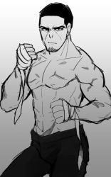 Rule 34 | 10s, 1boy, abs, bandages, bare shoulders, black hair, clenched hands, facial hair, fighting stance, freakyzet, frown, golden kamuy, greyscale, male focus, manly, monochrome, muscular, pants, pectorals, scar, topless male, short hair, sketch, solo, tsukishima
