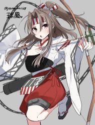 Rule 34 | 1girl, aiming, apron, arrow (projectile), bow (weapon), brown eyes, brown hair, character name, cowboy shot, grey background, hachimaki, hakama, hakama shorts, headband, high ponytail, highres, ichimonme (ichi), japanese clothes, kantai collection, leg up, long hair, muneate, open mouth, ponytail, quiver, red shorts, sandals, shorts, simple background, solo, standing, standing on one leg, twitter username, weapon, zouri, zuihou (kancolle)