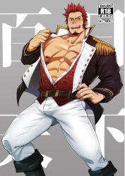 Rule 34 | 1boy, abs, bara, beard, belt, blue eyes, blush, boots, brown hair, bulge, clothes lift, commentary request, epaulettes, facial hair, fate/grand order, fate (series), hand on own hip, large pectorals, long sideburns, looking at viewer, male focus, mizuki gai, napoleon bonaparte (fate), pectorals, scar, shirt lift, sideburns, smile, solo, thighs