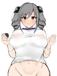 Rule 34 | 1girl, argule0901, bottomless, covered erect nipples, groin, gym shirt, highres, idolmaster, kanzaki ranko, measuring, navel, out-of-frame censoring, red eyes, shirt, silver hair, solo, tape measure