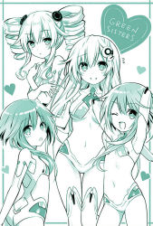 Rule 34 | 4girls, black sister, cosplay, covering privates, covering breasts, green heart (neptunia), green heart (neptunia) (cosplay), green theme, heart, highres, looking at viewer, monochrome, multiple girls, neptune (series), official art, open mouth, purple sister, smile, tsunako, white sister ram, white sister rom