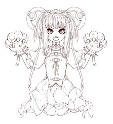 Rule 34 | 1girl, belt buckle, buckle, claws, dress, fang, gloves, greyscale, hair ornament, headgear, heart, iralion, lineart, medium hair, monochrome, open mouth, original, paw pose, simple background, sketch, solo, standing, tongue, white background