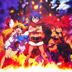 Rule 34 | absurdres, antenna hair, bad id, bad twitter id, bat wings, belt, black gloves, blonde hair, blue eyes, blue hair, blue hairband, crossed arms, crossed legs, demon tail, demon wings, disgaea, earrings, elbow gloves, etna (disgaea), fire, flat chest, flonne, frown, gloves, hairband, highres, jewelry, laharl, long hair, makai senki disgaea, mansion, midriff, mini wings, miniskirt, navel, open mouth, pointy ears, red eyes, red hair, red scarf, robaato, scarf, serious, shorts, sitting, skirt, skull earrings, smile, tail, tan, thighhighs, topless male, twintails, wings, wrist cuffs