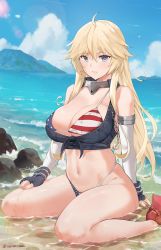 Rule 34 | 1girl, ahoge, american flag bikini, bare legs, beach, bikini, blonde hair, blue eyes, blue sky, blush, breasts, cleavage, commentary, crop top, day, dutch angle, elbow gloves, flag print, front-tie top, gloves, hair between eyes, highleg, highleg bikini, highres, horizon, iowa (kancolle), kantai collection, large breasts, lens flare, light smile, long hair, looking at viewer, navel, outdoors, parted lips, rudder footwear, sendo (sendrawz), shirt, sitting, sky, solo, star-shaped pupils, star (symbol), string bikini, swimsuit, symbol-shaped pupils, tied shirt, wariza, water, wet