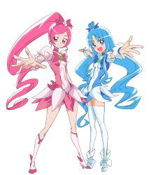 Rule 34 | 10s, 2girls, :d, absurdres, blue eyes, blue hair, boots, bow, brooch, choker, cure blossom, cure marine, full body, hair bow, hair ornament, hairpin, hanasaki tsubomi, heart, heart brooch, heartcatch precure!, highres, jewelry, knee boots, kurumi erika, long hair, magical girl, makacoon, multiple girls, open mouth, outstretched arms, pink bow, pink eyes, pink hair, ponytail, precure, ribbon, shoes, skirt, smile, spread arms, thighhighs, white background, white legwear, wrist cuffs