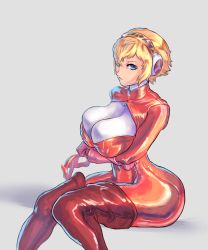 Rule 34 | 10s, 1girl, aegis (persona), android, arms under breasts, ass, blonde hair, blue eyes, bodysuit, breast hold, breasts, cleavage, cleavage cutout, clothing cutout, cosplay, cutesexyrobutts, highres, huge ass, huge breasts, long hair, persona, persona 3, persona 5, red bodysuit, robot, shiny clothes, short hair, sitting, solo, takamaki anne, takamaki anne (cosplay), thick thighs, thighhighs, thighs