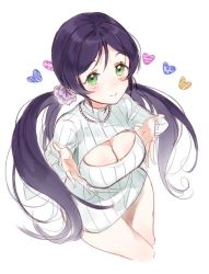 Rule 34 | 10s, 1girl, bad id, bad twitter id, blush, bottomless, breast hold, breasts, cleavage, cleavage cutout, clothing cutout, from above, green eyes, heart, jewelry, large breasts, long hair, love live!, love live! school idol project, low twintails, macciatto (aciel02), meme attire, necklace, open-chest sweater, purple hair, ribbed sweater, simple background, smile, solo, sweater, tojo nozomi, turtleneck, twintails, very long hair