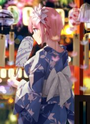 Rule 34 | 1girl, blue eyes, blue kimono, blurry, blurry background, breasts, commentary request, earrings, flower, from behind, go-toubun no hanayome, goribote, hair flower, hair ornament, hand fan, holding, japanese clothes, jewelry, kimono, large breasts, nakano ichika, outdoors, pink hair, short hair, solo, summer festival, white flower, yukata
