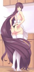 Rule 34 | 10s, 1girl, absurdres, apron, ass, bare shoulders, blush, breasts, butt crack, covering privates, covering ass, embarrassed, from behind, from below, full body, hair ribbon, highres, huge ass, large breasts, long hair, looking at viewer, looking down, murasaki (senran kagura), nearly naked apron, open mouth, perapera, purple eyes, purple hair, ribbon, senran kagura, sideboob, solo, tears, thighhighs, thong, very long hair
