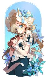 Rule 34 | 1girl, ahoge, apron, blonde hair, blue background, blue bow, blue dress, blue eyes, blue flower, blush, bonnet, border, bow, box, breasts, choker, cleavage, cowboy shot, dress, flower, frilled apron, frills, from side, gift, glasses, hair between eyes, hands up, hat, hat bow, hat flower, highres, hinia, holding, holding box, holding gift, jewelry, long hair, looking at viewer, looking to the side, low twintails, maid, medium breasts, open mouth, original, puffy short sleeves, puffy sleeves, ribbon, ring, short sleeves, simple background, solo, standing, striped, twintails, two-tone background, valentine, very long hair, white apron, white background, white border, white bow, white flower, white hat, wrist cuffs