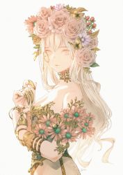 Rule 34 | 1girl, armlet, bad id, bad twitter id, bare shoulders, blonde hair, bracelet, brown choker, bug, butterfly, butterfly hair ornament, choker, claw ring, collarbone, corset, expressionless, flower, flower wreath, from side, hair flower, hair ornament, hands up, hatching (texture), head wreath, highres, insect, jewelry, kuroimori, ladybug, long hair, looking at viewer, monocle, no pupils, original, pink eyes, pink flower, pink rose, rose, signature, simple background, solo, spiked choker, spikes, standing, steampunk, upper body, white background