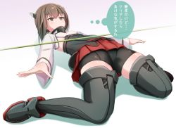 Rule 34 | 1girl, bike shorts, black thighhighs, brown eyes, brown hair, commentary request, female focus, flat chest, hair between eyes, headband, headgear, japanese text, jitome, kantai collection, limbo, looking up, musaigen no phantom world, outstretched arms, panikuru yuuto, parody, pleated skirt, short hair, skirt, solo, taihou (kancolle), thighhighs, thighs, thinking, thought bubble, translated, wide sleeves