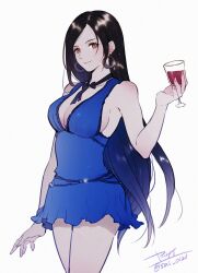 Rule 34 | 1girl, bare arms, bare shoulders, black hair, blue dress, breasts, cleavage, closed mouth, commentary request, cowboy shot, crescent, crescent earrings, crescent moon, cup, dress, drinking glass, earrings, final fantasy, final fantasy vii, final fantasy vii remake, glint, hand up, highres, holding, holding cup, jewelry, large breasts, light smile, long hair, looking at viewer, moon, neck ribbon, official alternate costume, red eyes, ribbon, short dress, signature, simple background, sleeveless, sleeveless dress, solo, swept bangs, tifa lockhart, tifa lockhart (refined dress), twitter username, yasai (getsu)