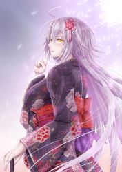 Rule 34 | 1girl, absurdres, black kimono, fate/grand order, fate (series), finger to mouth, floating hair, floral print, from side, hair between eyes, hair ribbon, highres, index finger raised, japanese clothes, jeanne d&#039;arc (fate), jeanne d&#039;arc alter (avenger) (fate), jeanne d&#039;arc alter (fate), kimono, long hair, long sleeves, obi, parted lips, penguintake, print kimono, red ribbon, ribbon, sash, silver hair, solo, standing, upper body, very long hair, yellow eyes, yukata