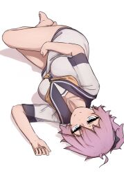 Rule 34 | 1girl, ahoge, aoba (kancolle), barefoot, black scrunchie, blue eyes, breasts, grey sailor collar, hair ornament, hair scrunchie, highres, ikadamo, kantai collection, looking at viewer, lying, medium breasts, neckerchief, no pants, on side, ponytail, purple hair, sailor collar, sailor shirt, scrunchie, shirt, short hair, short ponytail, solo, white shirt, yellow neckerchief