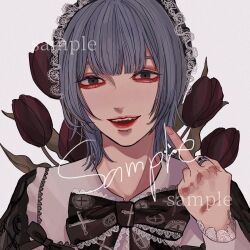 Rule 34 | 1girl, black bow, black bowtie, black dress, black ribbon, blunt bangs, bow, bowtie, commission, dress, fingernails, flower, frilled hairband, frills, gothic lolita, grey eyes, grey hair, hairband, hand up, highres, jewelry, kagoya1219, lace, lace-trimmed bow, lace-trimmed bowtie, lace-trimmed dress, lace-trimmed hairband, lace trim, lolita fashion, lolita hairband, long sleeves, looking at viewer, medium hair, middle finger, original, parted lips, portrait, print bow, print bowtie, red flower, red tulip, ribbon, ring, sample watermark, simple background, smile, solo, straight-on, teeth, tulip, upper teeth only, watermark, white background