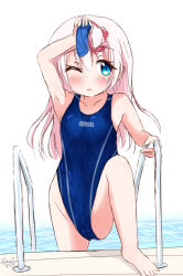 Rule 34 | 1girl, barefoot, blonde hair, blue eyes, blue one-piece swimsuit, clothes writing, commentary request, competition swimsuit, goggles, unworn goggles, highleg, highleg swimsuit, highres, long hair, one-piece swimsuit, original, pool ladder, purapechinu, solo, unworn swim cap, swimsuit