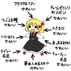 Rule 34 | 1girl, black skirt, blonde hair, blouse, bow, bowtie, check translation, dress shirt, hair bow, hair ribbon, is that so, necktie, outstretched arms, partially translated, red bow, red footwear, red neckwear, red ribbon, ribbon, rumia, shirt, short hair, skirt, solo, spread arms, sunamoto, touhou, translation request, white shirt, white shirt