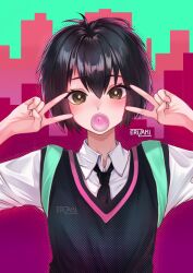 Rule 34 | 1girl, absurdres, artist name, backpack, bag, black hair, black necktie, black sweater vest, blush, breasts, bright pupils, brown eyes, blowing bubbles, chewing gum, cityscape, commentary, double v, dress shirt, english commentary, erizaki, eyelashes, gradient background, green background, green bag, hair between eyes, halftone texture, hands up, highres, looking at viewer, marvel, necktie, peni parker, purple background, pursed lips, red background, school uniform, shirt, short hair, small breasts, solo, spider-man: into the spider-verse, spider-man (series), spider-verse, sweater vest, upper body, v, v over eye, white pupils, white shirt