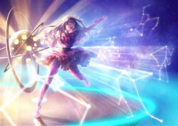 Rule 34 | 1girl, :d, arm up, boots, brooch, commentary request, constellation, constellation request, dress, floating hair, frilled dress, frilled gloves, frills, full body, gemini (constellation), gloves, hair ornament, hair ribbon, heart, heart brooch, highres, hoshino ai (oshi no ko), idol, idol clothes, jewelry, jhon (potemknh jhon), long hair, one side up, open mouth, oshi no ko, partial commentary, pink dress, pink footwear, pink gloves, purple eyes, purple hair, rabbit hair ornament, reflection, reflective floor, ribbon, sidelocks, sky, sleeveless, sleeveless dress, smile, solo, standing, star-shaped pupils, star (sky), star (symbol), starry sky, symbol-shaped pupils, taurus (constellation), teeth, thigh boots, turtleneck, turtleneck dress