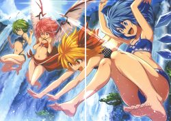 Rule 34 | 4girls, :d, antennae, arms up, ass, bare arms, bare legs, bare shoulders, barefoot, bikini, black bikini, blonde hair, blue bikini, blue bow, blue eyes, blue hair, blue sky, bow, breasts, brooch, cirno, clenched hands, cloud, criss-cross halter, day, dive, fang, feathered wings, feet, full body, green eyes, green hair, grin, hair between eyes, hair bow, hair ribbon, halterneck, hands up, head wings, highres, hijikawa arashi, ice, ice wings, jewelry, jumping, knees up, lens flare, light rays, multiple girls, mystia lorelei, navel, no headwear, open mouth, outdoors, pink bow, pink hair, polka dot, polka dot bikini, red bikini, red eyes, red ribbon, ribbon, rumia, sarong, scan, short hair, sky, small breasts, smile, stitched, stomach, swimsuit, team 9 (touhou), thighs, third-party edit, toes, touhou, water, waterfall, wings, wriggle nightbug