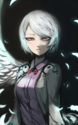 Rule 34 | 1girl, angel wings, arms at sides, black background, bow, bowtie, closed mouth, dress, earrings, expressionless, eyebrows, feathered wings, feathers, ginji (sakaki summer), glowing, glowing feather, grey hair, half-closed eyes, jacket, jewelry, kishin sagume, lips, long sleeves, looking at viewer, open clothes, open jacket, purple dress, red eyes, short hair, single wing, solo, swept bangs, touhou, upper body, white wings, wing collar, wings