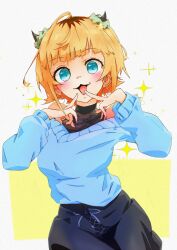 Rule 34 | 1girl, :3, black skirt, blonde hair, blue eyes, blue sweater, blunt bangs, blush, commentary, cowboy shot, demon horns, earrings, fake horns, head tilt, highres, horns, jewelry, kano shichi7, long sleeves, looking at viewer, mem-cho, multicolored hair, no pupils, off-shoulder sweater, off shoulder, open mouth, oshi no ko, pointing, pointing at self, puffy sleeves, roots (hair), shadow, short hair, sidelocks, skirt, smile, solo, sparkle, sweater, white background