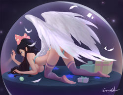 Rule 34 | 1girl, against glass, angel wings, black hair, blue bra, blue eyes, blue panties, bow, box, bra, breasts, censored, encasement, feathered wings, feathers, from behind, gift, gift box, globe, grandia lee, hair bow, large breasts, long hair, looking to the side, nail polish, no shoes, novelty censor, original, panties, polka dot, polka dot bow, profile, purple thighhighs, signature, soles, solo, strapless, strapless bra, thighhighs, top-down bottom-up, trapped, underboob, underwear, underwear only, white wings, wings