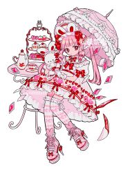 Rule 34 | 1girl, absurdres, amaharu wasure, bow, cellphone, commission, cup, dress, floral print, gothic lolita, hair bow, highres, holding, holding stuffed toy, holding umbrella, lolita fashion, multiple hair bows, original, parasol, phone, pink hair, red bow, smartphone, solo, stuffed toy, teacup, teapot, tiered tray, two-tone dress, umbrella, white background, white dress