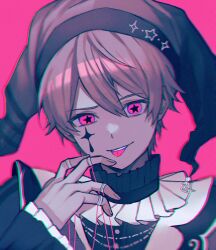 Rule 34 | 1boy, buttons, collar, commentary, facial tattoo, fingernails, frilled collar, frills, hat, highres, jester cap, kinomi 3030, long sleeves, looking at viewer, male focus, official alternate costume, pink background, pink eyes, project sekai, short hair, solo, star-shaped pupils, star (symbol), string, symbol-shaped pupils, tattoo, teeth, ten no hate no phoenix e (project sekai), tenma tsukasa, tongue, tongue out, upper teeth only