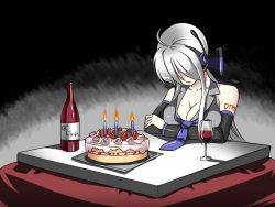 Rule 34 | 1girl, alcohol, birthday, birthday cake, breasts, caffein, cake, candle, cleavage, cup, drinking glass, food, kotatsu, large breasts, lonely, ponytail, sad, silver hair, solo, table, vocaloid, wine, wine glass, yowane haku