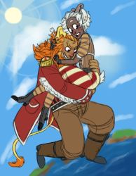 Rule 34 | 1boy, 1girl, animal ears, carrying, going merry, horns, jacket, lion tail, monster girl, one piece, orange hair, personification, ship, shirt, striped clothes, striped shirt, tail, thousand sunny, waistcoat, watercraft, white hair