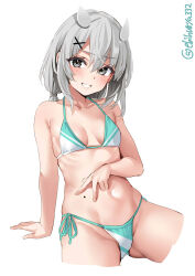 Rule 34 | 1girl, adapted costume, bare shoulders, bikini, blush, breasts, collarbone, cropped legs, ebifurya, furrowed brow, gluteal fold, grey eyes, grey hair, groin, hair between eyes, hair ornament, highres, i-201 (kancolle), kantai collection, long hair, looking at viewer, mole, mole on stomach, navel, one-hour drawing challenge, side-tie bikini bottom, simple background, small breasts, smile, string bikini, swimsuit, thighs, twitter username, white background, x hair ornament