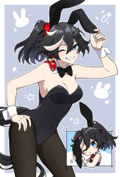 Rule 34 | 1girl, absurdres, animal ears, bare shoulders, black bow, black bowtie, black hair, black pantyhose, blue eyes, blush stickers, border, bow, bowtie, breasts, cleavage, commentary request, contrapposto, covered navel, detached collar, ear covers, grin, hair between eyes, hair ornament, hand on own hip, highres, horse ears, horse girl, horse tail, katsuragi ace (umamusume), leotard, medium breasts, medium hair, multicolored hair, multiple views, nontraditional playboy bunny, oshiri no1, pantyhose, ponytail, smile, strapless, strapless leotard, streaked hair, tail, tassel, tassel hair ornament, traditional bowtie, umamusume, white border, white hair, wrist cuffs