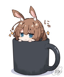 Rule 34 | 1girl, amiya (arknights), animal ear fluff, animal ears, arknights, beni shake, blue eyes, blush, brown hair, chibi, closed mouth, commentary request, cup, hair between eyes, in container, in cup, looking at viewer, mug, rabbit ears, shadow, signature, smile, solo, white background