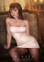 Rule 34 | 1girl, alternate costume, arm support, arms at sides, artist name, bare arms, bare shoulders, black pantyhose, blurry, blurry background, breasts, brown eyes, brown hair, chair, cleavage, collarbone, commentary, d.va (overwatch), dress, english commentary, facial mark, fainxel, female focus, gumroad username, highres, legs, lips, lipstick, looking at viewer, makeup, medium breasts, overwatch, overwatch 1, pantyhose, parted lips, patreon username, pink lips, short dress, short hair, sitting, solo, strapless, strapless dress, tube dress, watermark, web address, white dress