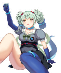 Rule 34 | 1girl, black skirt, blue gloves, blue hair, bow, breasts, cup, drooling, fangs, gloves, green bow, green hair, grey shirt, highres, holding, holding cup, kemono friends, kemono friends 3, medium breasts, multicolored hair, obi, open mouth, sash, sawara noa, shirt, single leg pantyhose, skin fangs, skirt, solo, tail, thigh strap, thighs, twintails, yamata no orochi (kemono friends)