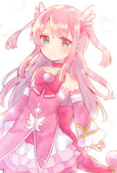 Rule 34 | 1girl, absurdres, back bow, bare shoulders, blue eyes, blush, bow, chiyoda momo, choker, closed mouth, collarbone, detached sleeves, dress, highres, huge filesize, long hair, long sleeves, machikado mazoku, pink bow, pink choker, pink dress, pink hair, pink sleeves, sleeves past wrists, smile, solo, sorimachi-doufu, strapless, strapless dress, two side up, very long hair, white background, wide sleeves