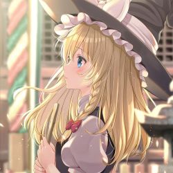 Rule 34 | 1girl, black hat, blonde hair, blue eyes, blurry, blurry background, blush, bow, braid, broom, closed mouth, from side, hair bow, hat, hat bow, holding, holding broom, kirisame marisa, long hair, looking to the side, profile, puffy short sleeves, puffy sleeves, red bow, shirt, short sleeves, solo, touhou, upper body, white bow, white shirt, witch hat, yuuka nonoko