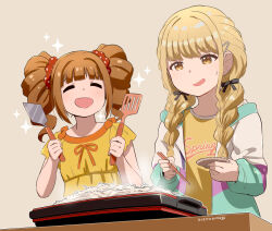 Rule 34 | 1girl, 2girls, alternate costume, blonde hair, brown hair, casual, commentary request, dated, drill hair, food, gakuen idolmaster, hair ornament, idolmaster, jacket, multiple girls, nagian, simple background, sparkle, spatula, sweat, table, takatsuki yayoi, yellow eyes