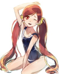 Rule 34 | 10s, 1girl, hanasaki tsubomi, heartcatch precure!, long hair, one-piece swimsuit, one eye closed, precure, raafuru, red eyes, red hair, simple background, sketch, solo, swimsuit, twintails, white background, wink