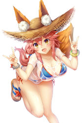 Rule 34 | 1girl, :d, absurdres, animal ears, bikini, blue bikini, blush, bracelet, breasts, cleavage, collarbone, covered erect nipples, ears through headwear, fang, fate/grand order, fate (series), fingernails, fox ears, fox shadow puppet, fox tail, hair between eyes, hat, highres, jewelry, large breasts, long hair, looking at viewer, open mouth, pink hair, samoore, sandals, see-through, shirt, short sleeves, side-tie bikini bottom, simple background, smile, solo, straw hat, sun hat, swimsuit, tail, tamamo (fate), tamamo no mae (fate/extra), tamamo no mae (swimsuit lancer) (fate), tamamo no mae (swimsuit lancer) (second ascension) (fate), wet, wet clothes, wet shirt, white background, white shirt, yellow eyes
