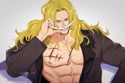 Rule 34 | 1boy, abs, black jacket, blonde hair, blue eyes, collarbone, edward newgate, facial hair, hair intakes, hand on own face, highres, jacket, lapels, long hair, long mustache, lower teeth only, male focus, muscular, muscular male, mustache, nipples, notched lapels, one piece, open clothes, open jacket, pectorals, scar, scar on chest, smile, solo, suit jacket, teeth, twitter username, upper body, vamos mk, white background, white facial hair